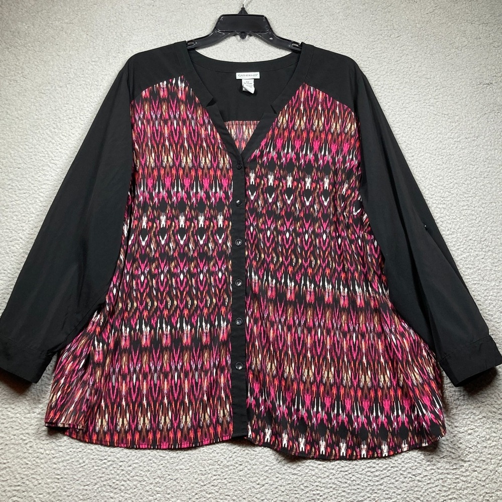 Catherines Top Women's Plus 4X Black Pink Button Up Long Sleeve Lightweight